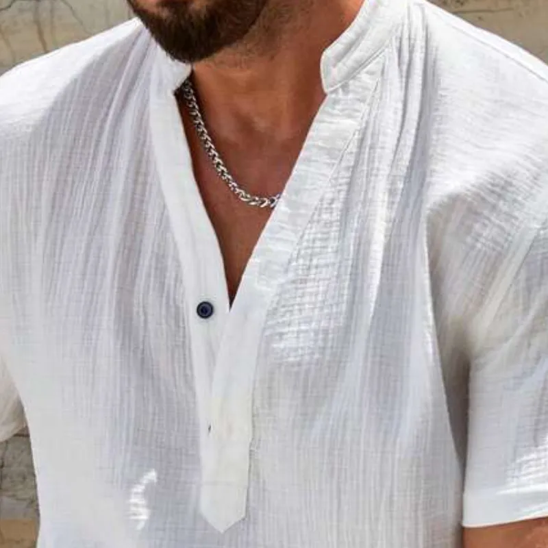 Men's Casual Cotton Linen Pleated Stand Collar Button Loose Short Sleeve T-Shirt MTA1030D2M sold by Manly product image thumbnail 2