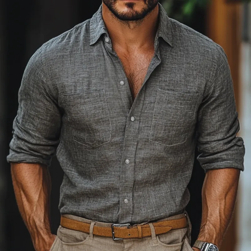 Men's Casual Linen Lapel Chest Pocket Slim Fit Long Sleeve Shirt MTA3109C9M sold by Manly product image thumbnail 3