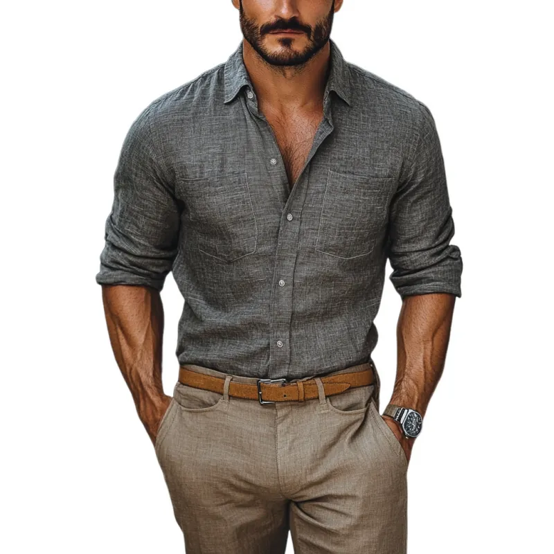 Men's Casual Linen Lapel Chest Pocket Slim Fit Long Sleeve Shirt MTA3109C9M sold by Manly