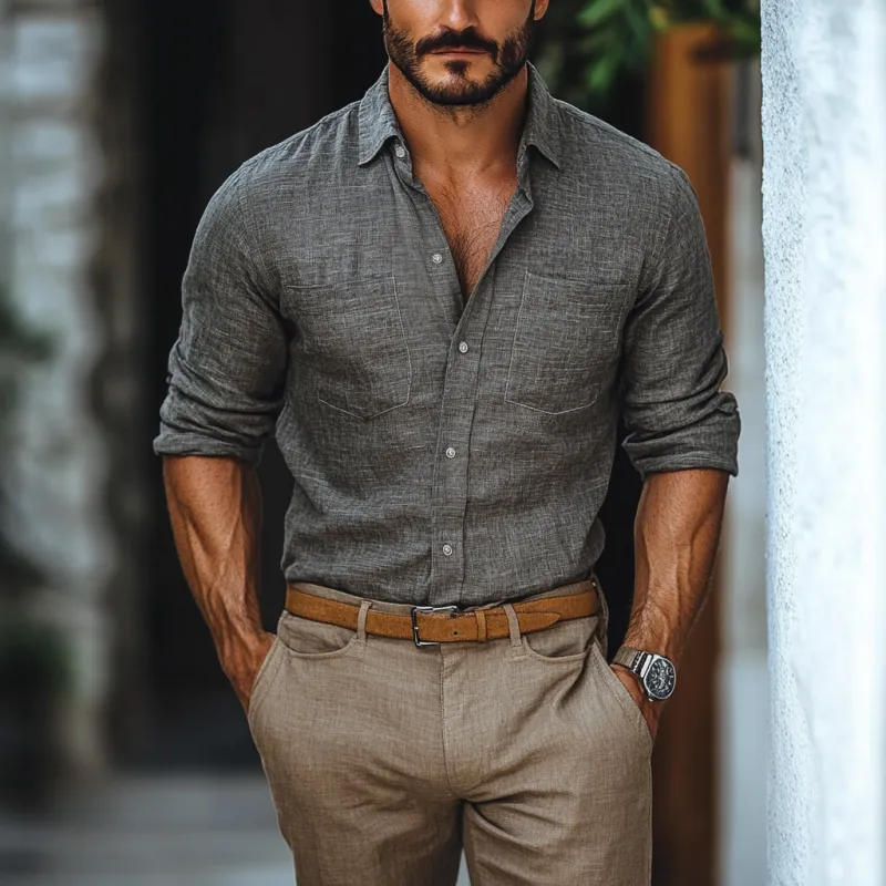 Men's Casual Linen Lapel Chest Pocket Slim Fit Long Sleeve Shirt MTA3109C9M sold by Manly product image thumbnail 2