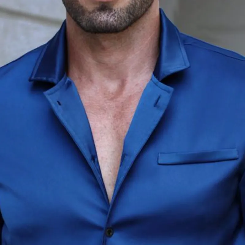 Men's Vintage Satin Solid Color Lapel Slim Fit Long Sleeve Shirt MTA0277D2M sold by Manly product image thumbnail 2