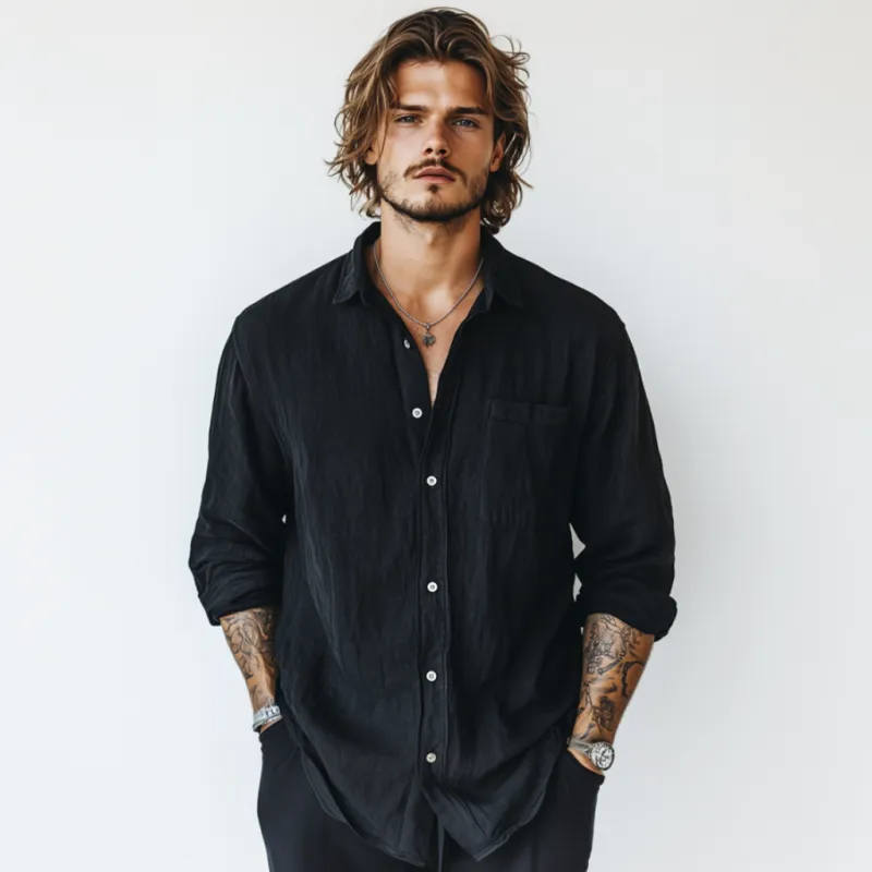 Men's Casual Breathable Linen Lapel Patch Pocket Loose Long Sleeve Shirt MTA0937D5M sold by Manly product image thumbnail 3