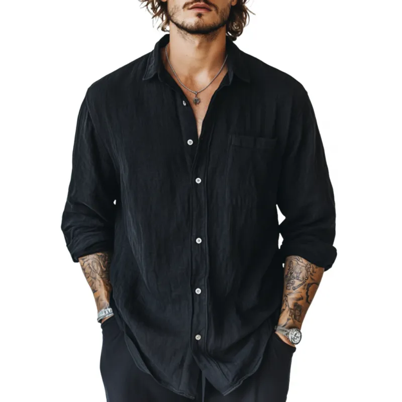 Men's Casual Breathable Linen Lapel Patch Pocket Loose Long Sleeve Shirt MTA0937D5M sold by Manly