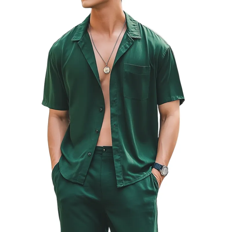 Men's Casual Satin Lapel Single Breasted Slim Fit Short Sleeve Shirt MTA1078D5M sold by Manly