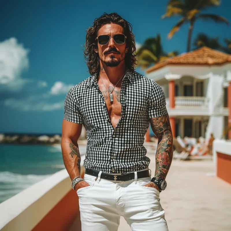 Men's Casual Premium Cotton Plaid Lapel Slim Fit Short Sleeve Shirt MTA0958D3M sold by Manly product image thumbnail 3