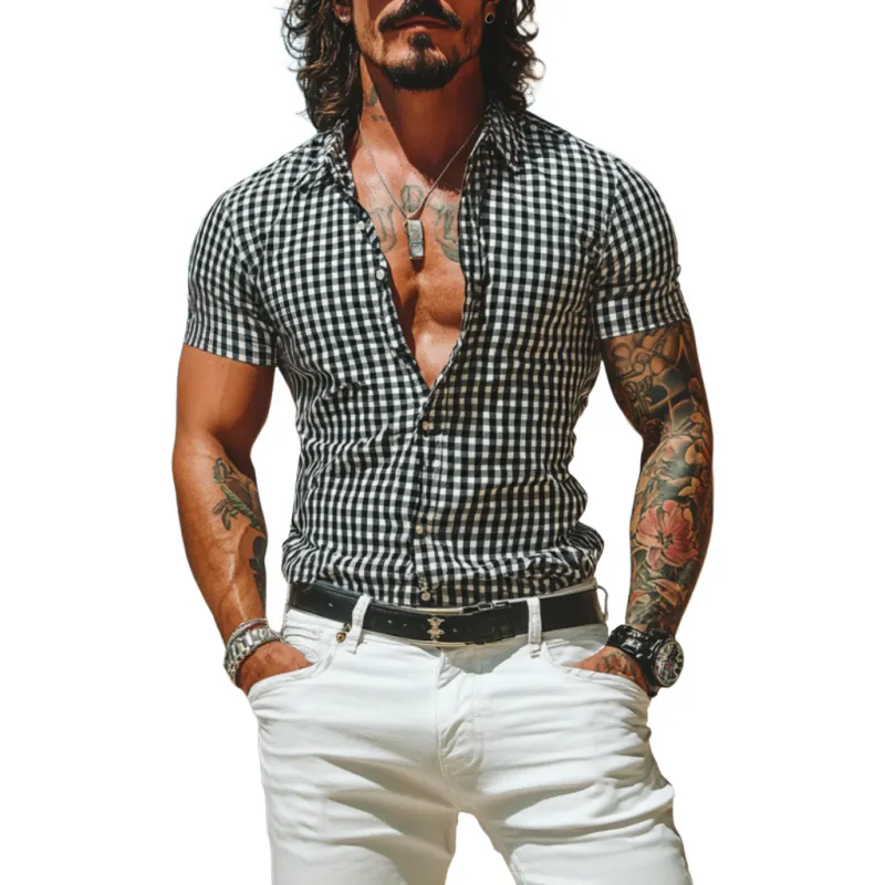Men's Casual Premium Cotton Plaid Lapel Slim Fit Short Sleeve Shirt MTA0958D3M sold by Manly