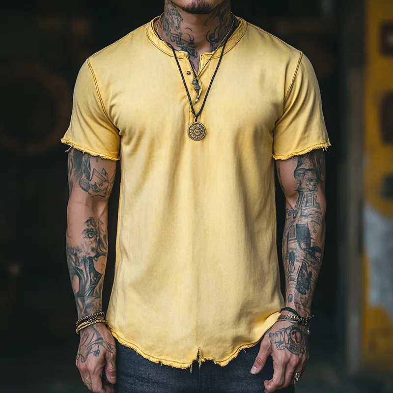 Men's Fashion Washed Cotton Round Neck Short Sleeve Rough Edge T-shirt MTA1011D2Z sold by Manly product image thumbnail 2