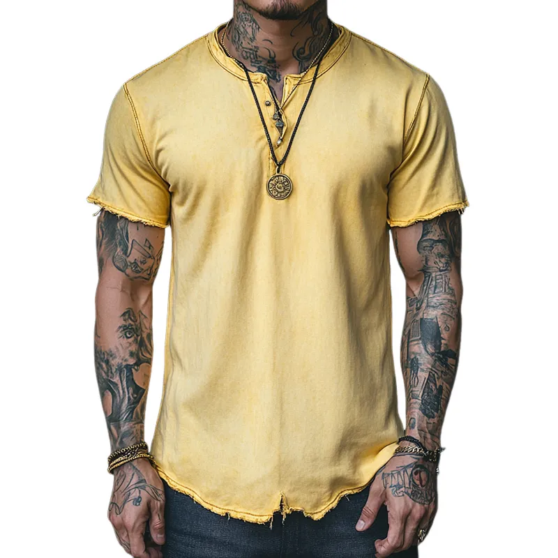 Men's Fashion Washed Cotton Round Neck Short Sleeve Rough Edge T-shirt MTA1011D2Z sold by Manly
