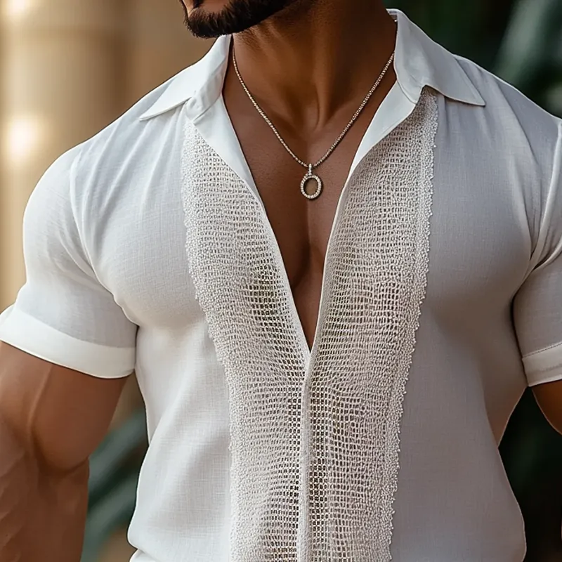 Men's Lace Stitching Lapel Short Sleeve Shirt MTA1039D6Z sold by Manly product image thumbnail 3