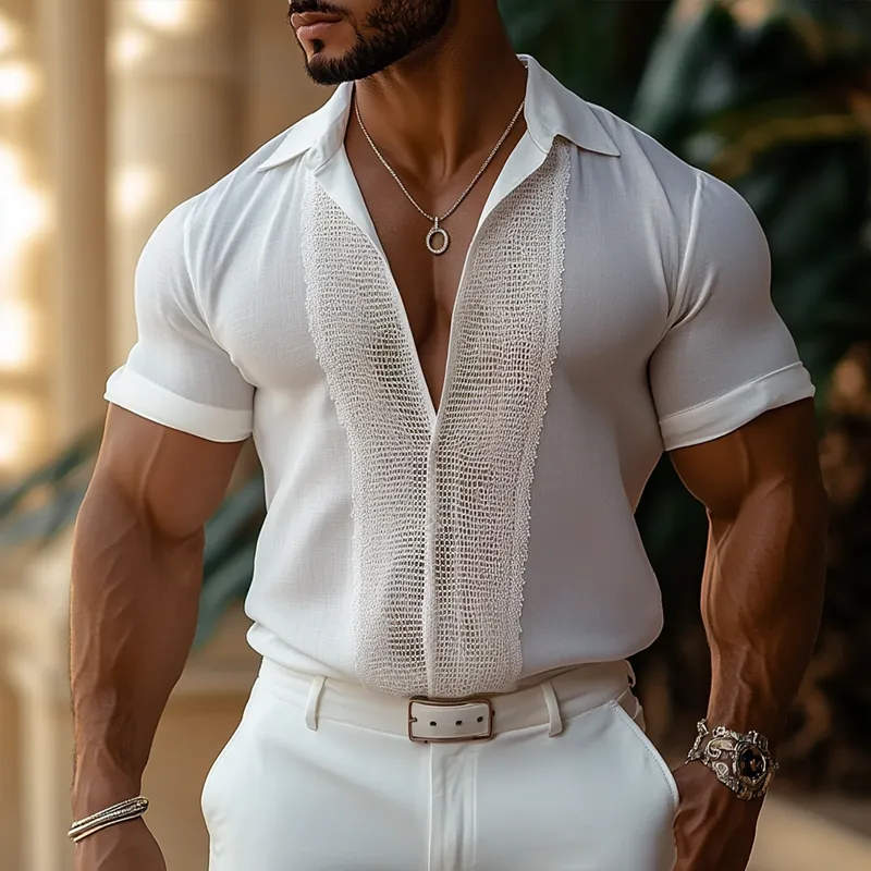 Men's Lace Stitching Lapel Short Sleeve Shirt MTA1039D6Z sold by Manly product image thumbnail 2