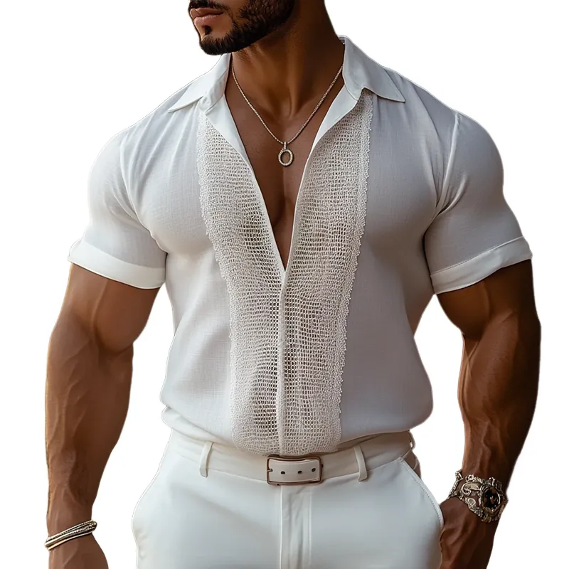 Men's Lace Stitching Lapel Short Sleeve Shirt MTA1039D6Z sold by Manly