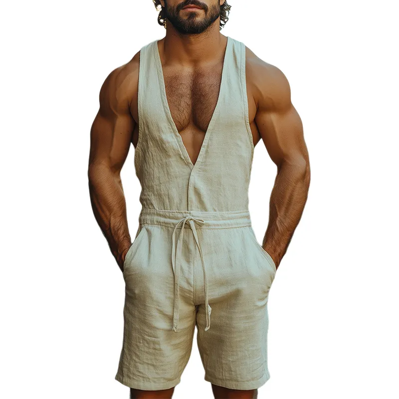 Men's Summer Fashion Leisure Vacation Deep V Neck Cotton and Linen Jumpsuit MTA1080D7K sold by Manly