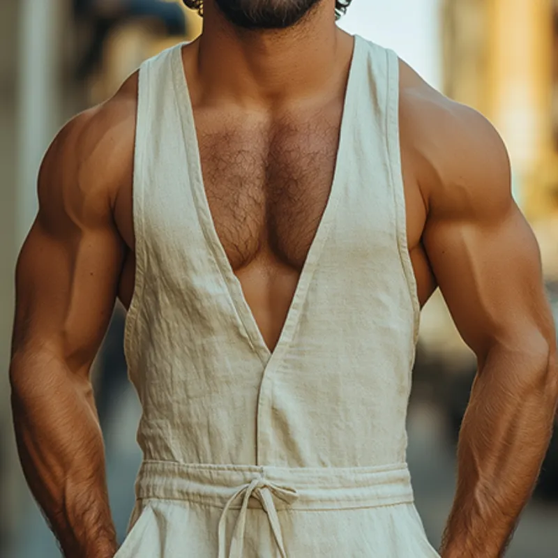 Men's Summer Fashion Leisure Vacation Deep V Neck Cotton and Linen Jumpsuit MTA1080D7K sold by Manly product image thumbnail 3