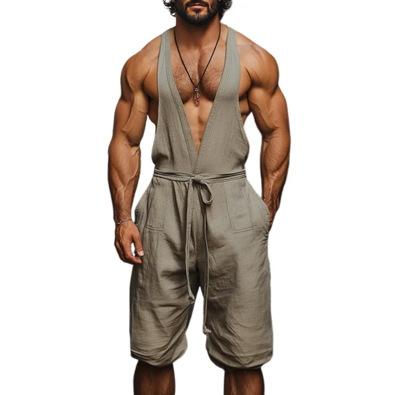 Men's Summer Fashion Casual Personality Deep V-neck Cotton and Linen Jumpsuit MTA1035D2K sold by Manly
