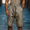 Men's Summer Fashion Casual Personality Deep V-neck Cotton and Linen Jumpsuit MTA1035D2K sold by Manly