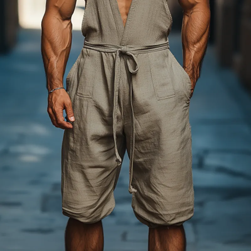 Men's Summer Fashion Casual Personality Deep V-neck Cotton and Linen Jumpsuit MTA1035D2K sold by Manly product image thumbnail 4