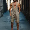 Men's Summer Fashion Casual Personality Deep V-neck Cotton and Linen Jumpsuit MTA1035D2K sold by Manly