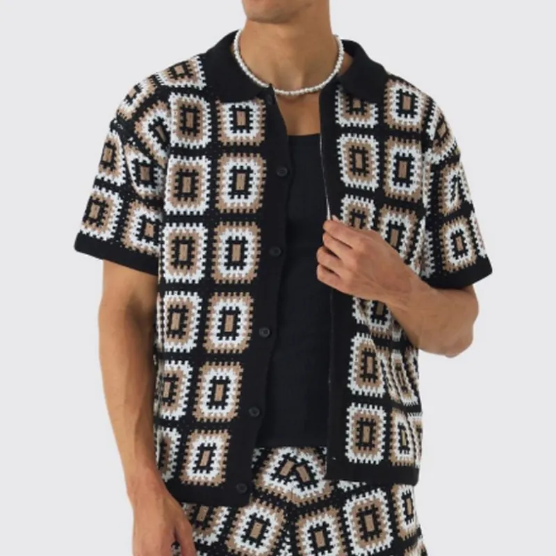 Men's Spring and Summer Fashion Casual Hollow Knitted Short-sleeved T-shirt Shorts Set MTA1038D7K sold by Manly product image thumbnail 2