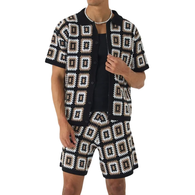 Men's Spring and Summer Fashion Casual Hollow Knitted Short-sleeved T-shirt Shorts Set MTA1038D7K sold by Manly