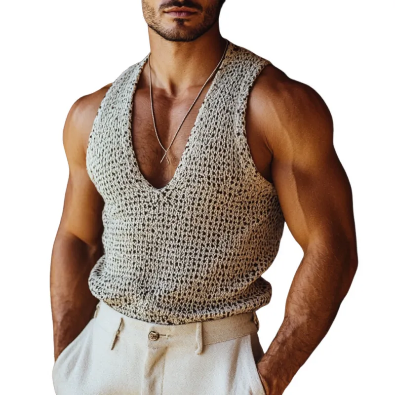 Men's Casual Deep V-neck Loose Knitted Tank Top MTA0829D0M sold by Manly