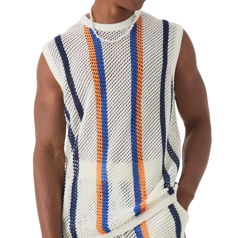 Men's Summer Fashion Casual Hollow Vertical Striped Knitted Tank Top shorts Set MTA1066D3K sold by Manly product image thumbnail 4