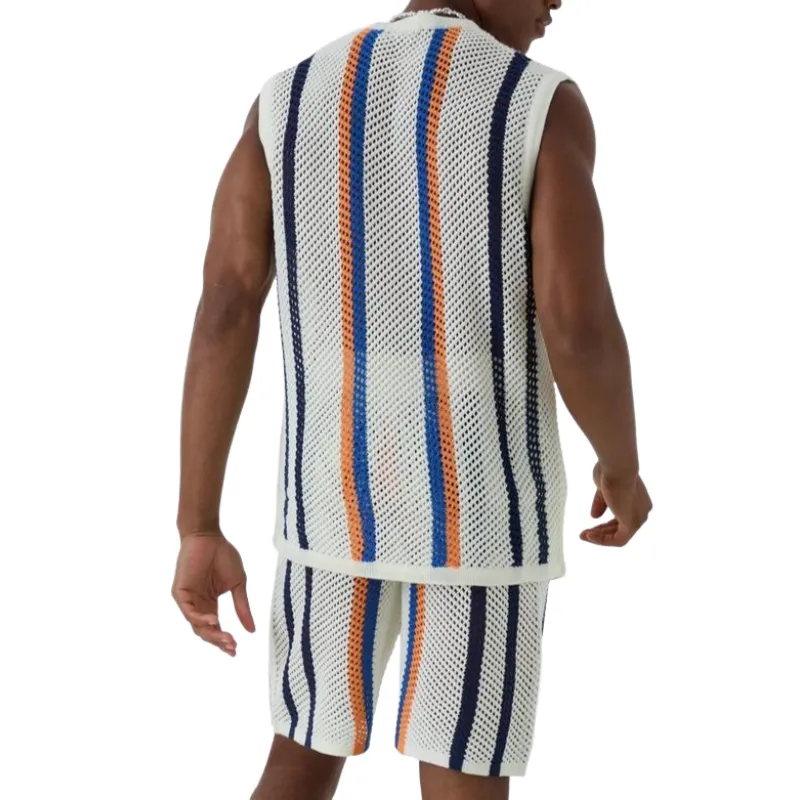 Men's Summer Fashion Casual Hollow Vertical Striped Knitted Tank Top shorts Set MTA1066D3K sold by Manly product image thumbnail 3