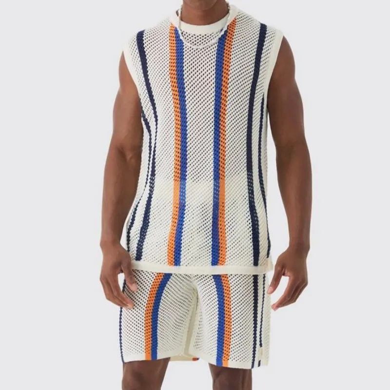 Men's Summer Fashion Casual Hollow Vertical Striped Knitted Tank Top shorts Set MTA1066D3K sold by Manly product image thumbnail 2