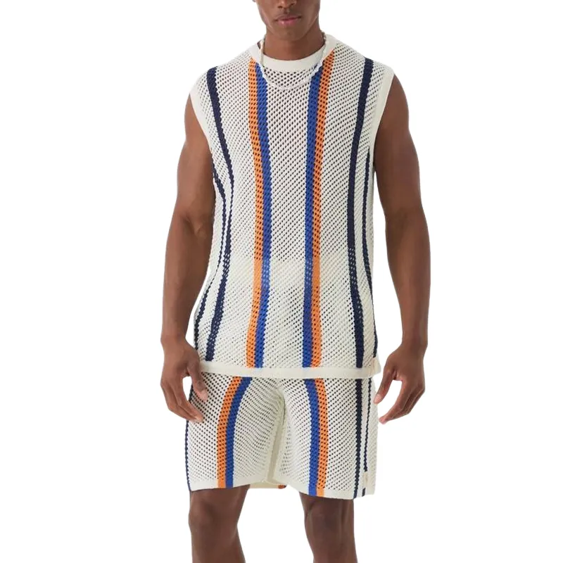 Men's Summer Fashion Casual Hollow Vertical Striped Knitted Tank Top shorts Set MTA1066D3K sold by Manly