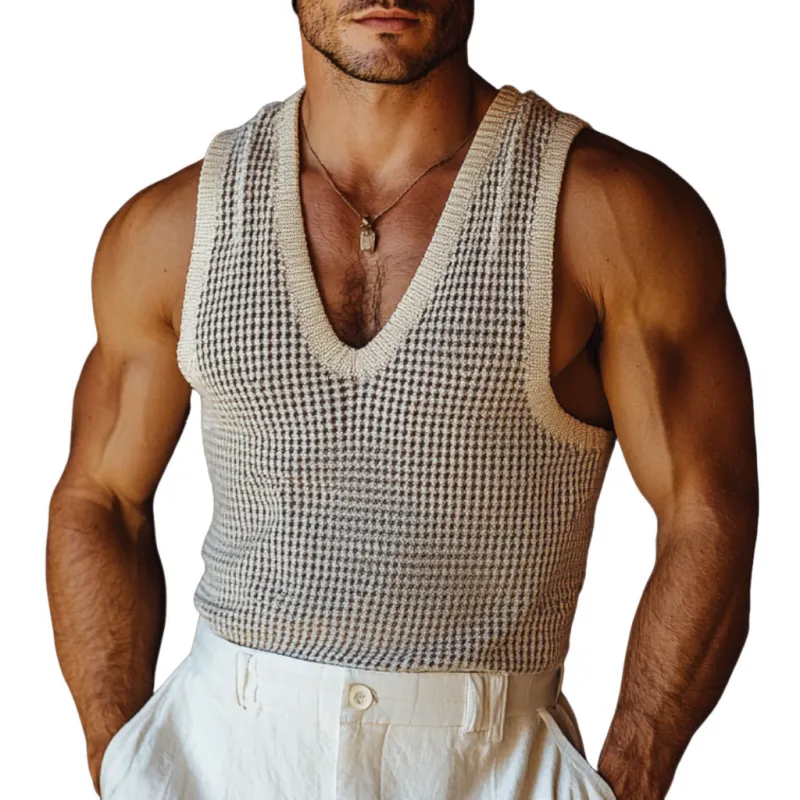 Men's Fashion V-neck Houndstooth Jacquard Knitted Slim Tank Top MTA0871D3M sold by Manly