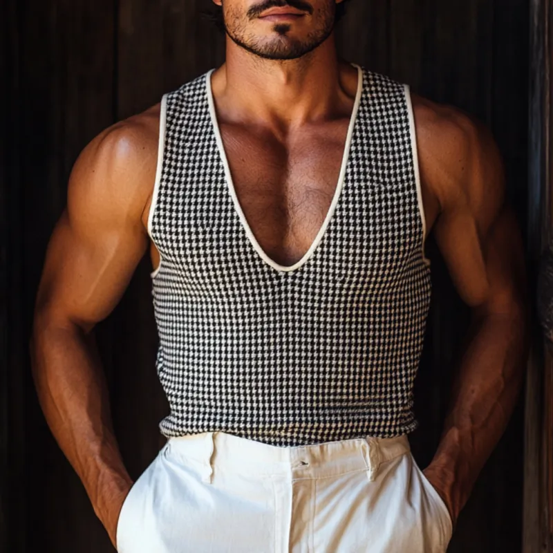Men's Fashion Deep U Neck Houndstooth Jacquard Knitted Slim Tank Top MTA0881D7M sold by Manly product image thumbnail 2