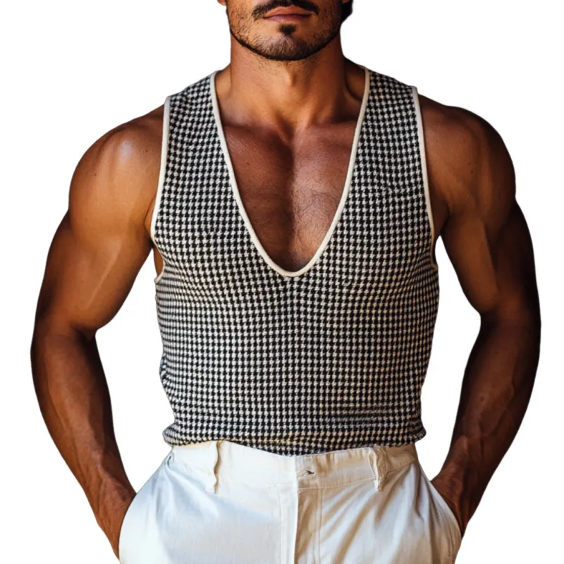 Men's Fashion Deep U Neck Houndstooth Jacquard Knitted Slim Tank Top MTA0881D7M sold by Manly