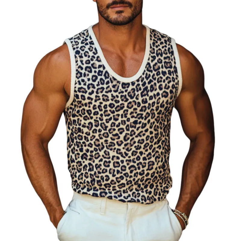 Men's Fashion U-neck Leopard Jacquard Knitted Slim Tank Top MTA0864D8M sold by Manly