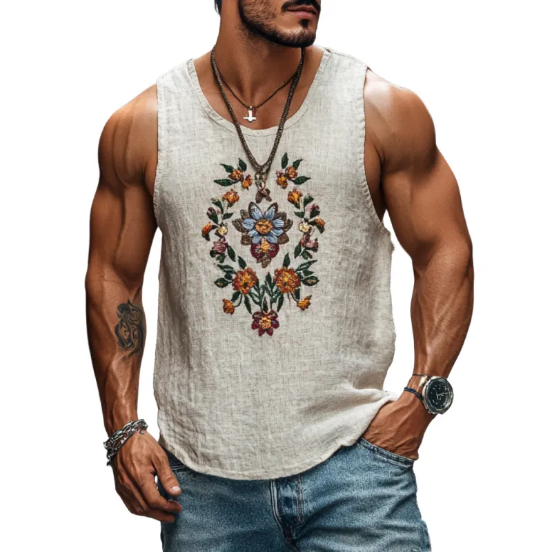 Men's Casual Linen Floral Embroidery Round Neck Loose Tank Top MTA2142C9M sold by Manly