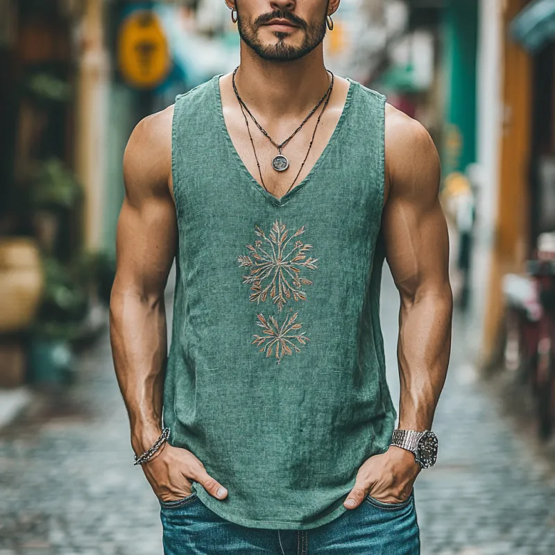 Men's Casual Linen Embroidered Round Neck Loose Tank Top MTA2194C0M sold by Manly product image thumbnail 2