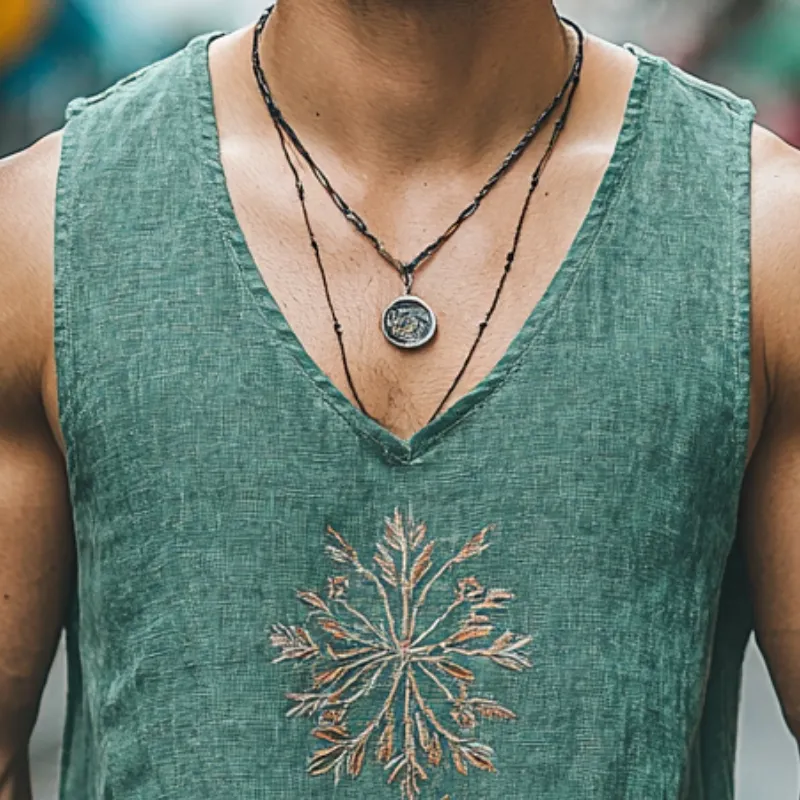Men's Casual Linen Embroidered Round Neck Loose Tank Top MTA2194C0M sold by Manly product image thumbnail 3
