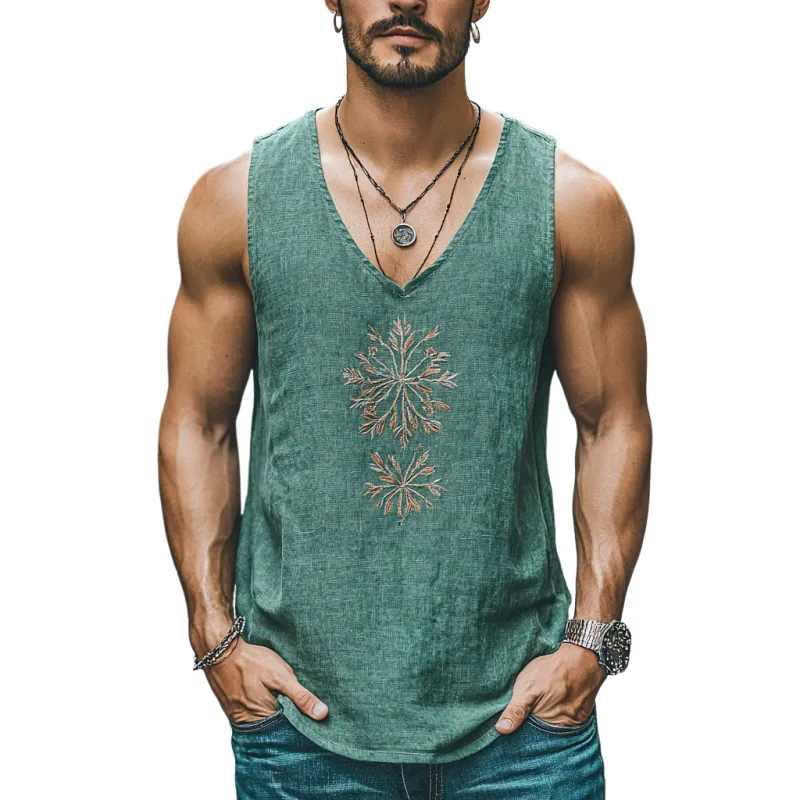 Men's Casual Linen Embroidered Round Neck Loose Tank Top MTA2194C0M sold by Manly