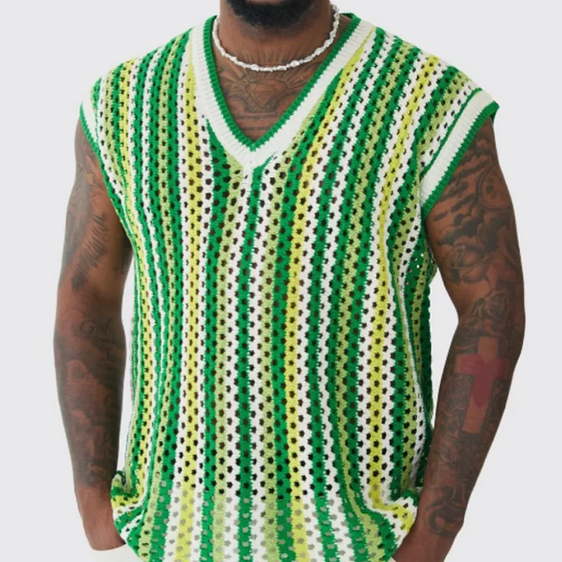 Men's Summer Fashion Leisure Vacation V-neck Hollow Knitted Tank Top MTA1089D9K sold by Manly product image thumbnail 2