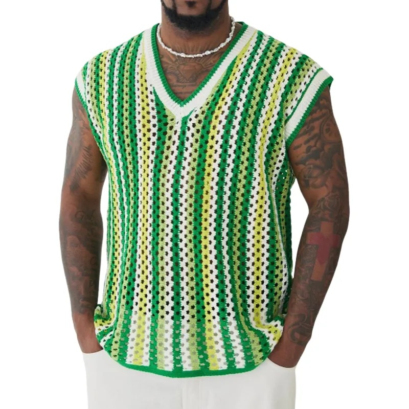 Men's Summer Fashion Leisure Vacation V-neck Hollow Knitted Tank Top MTA1089D9K sold by Manly