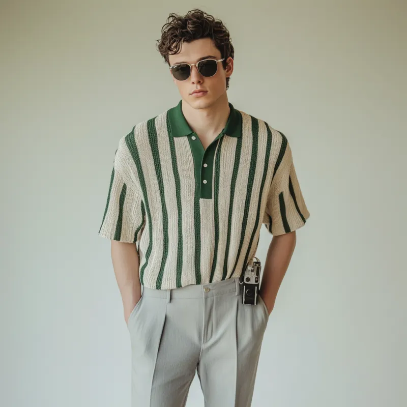 Men's Casual Contrast Stripe Lapel Slim Fit Soft Knitted Short Sleeve Polo Shirt MTA0978D1M sold by Manly product image thumbnail 3