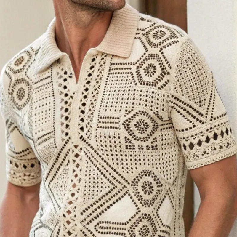 Men's Summer Fashion Casual Vacation Lapel Hollow Knitted Short-sleeved T-shirt MTA1064D8K sold by Manly product image thumbnail 2