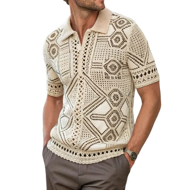 Men's Summer Fashion Casual Vacation Lapel Hollow Knitted Short-sleeved T-shirt MTA1064D8K sold by Manly