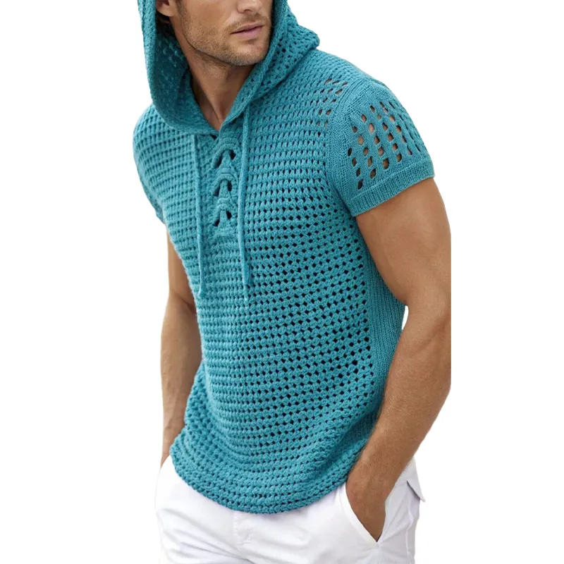 Men's Summer Fashion Casual Hooded Hollow Knitted Short Sleeve T-shirt MTA1013D0K sold by Manly