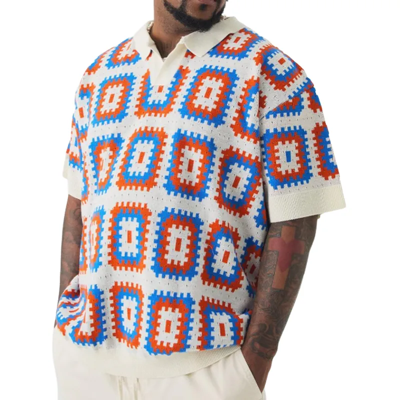 Men's Summer Fashion Casual Vacation Lapel Hollow Color Knitted Short-sleeved T-shirt MTA1044D9K sold by Manly