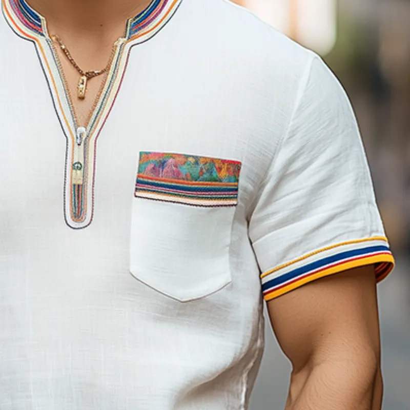 Men's Spring and Summer Fashion Casual V-neck Zipper Colored Ribbon Cotton and Linen Short-sleeved T-shirt MTA0951D4K sold by Manly product image thumbnail 4