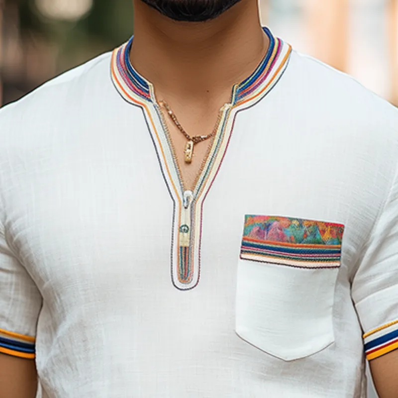 Men's Spring and Summer Fashion Casual V-neck Zipper Colored Ribbon Cotton and Linen Short-sleeved T-shirt MTA0951D4K sold by Manly product image thumbnail 3