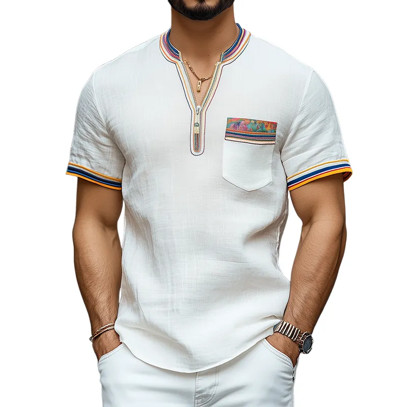 Men's Spring and Summer Fashion Casual V-neck Zipper Colored Ribbon Cotton and Linen Short-sleeved T-shirt MTA0951D4K sold by Manly