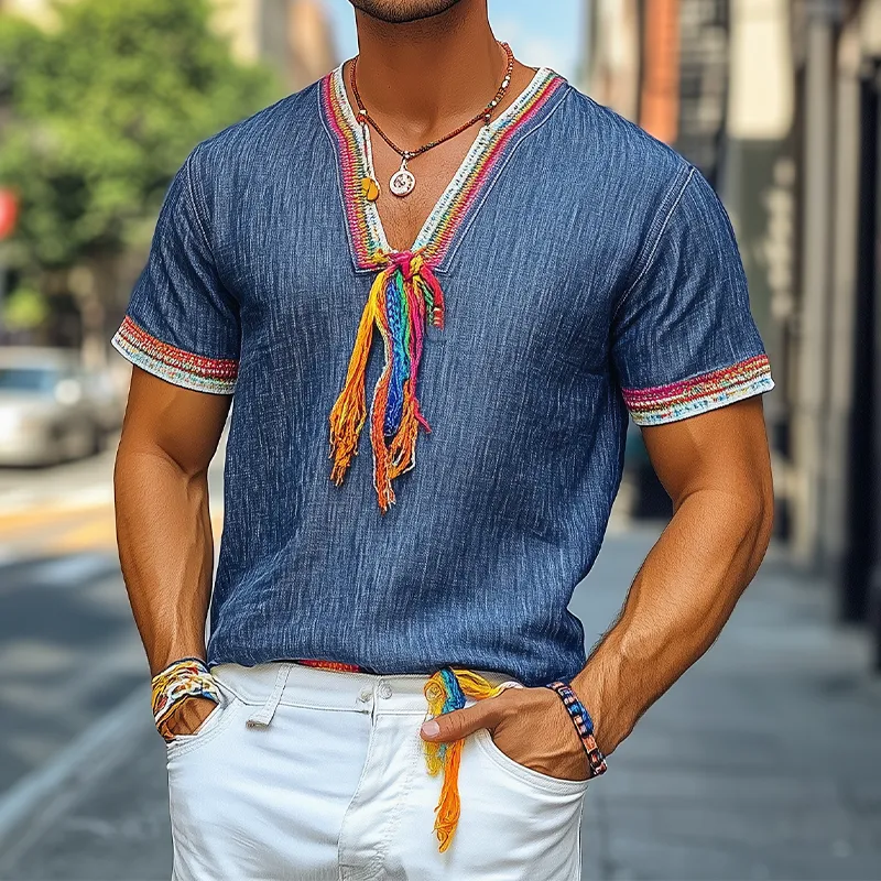 Men's Spring and Summer Fashion Casual V-neck Colored Ribbon Tencel Denim Short Sleeve T-shirt (Tassel Removable)MTA0969D4K sold by Manly product image thumbnail 2