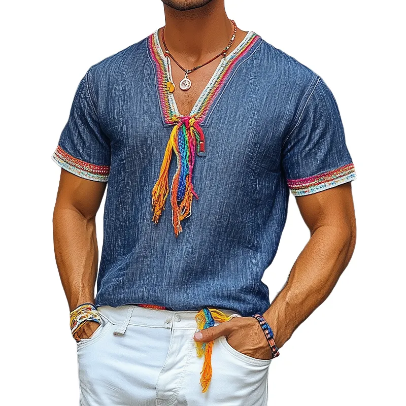 Men's Spring and Summer Fashion Casual V-neck Colored Ribbon Tencel Denim Short Sleeve T-shirt (Tassel Removable)MTA0969D4K sold by Manly product image thumbnail 4