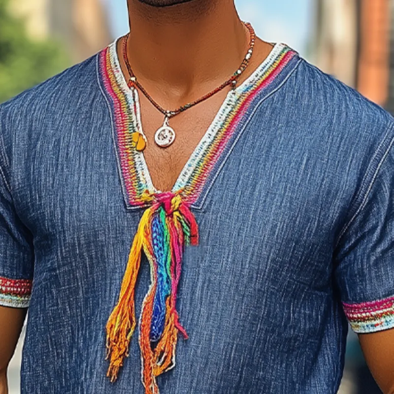 Men's Spring and Summer Fashion Casual V-neck Colored Ribbon Tencel Denim Short Sleeve T-shirt (Tassel Removable)MTA0969D4K sold by Manly product image thumbnail 3