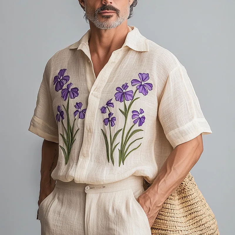 Men's Spring Fashion Retro Embroidered Cotton and Linen Short Sleeve Shirt MTA0906D9P sold by Manly product image thumbnail 2